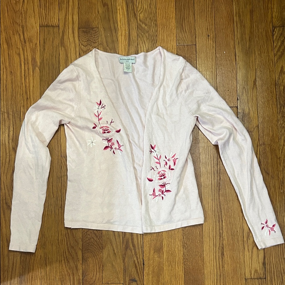 Banana Republic Light Pink Cardigan with Red Floral Design